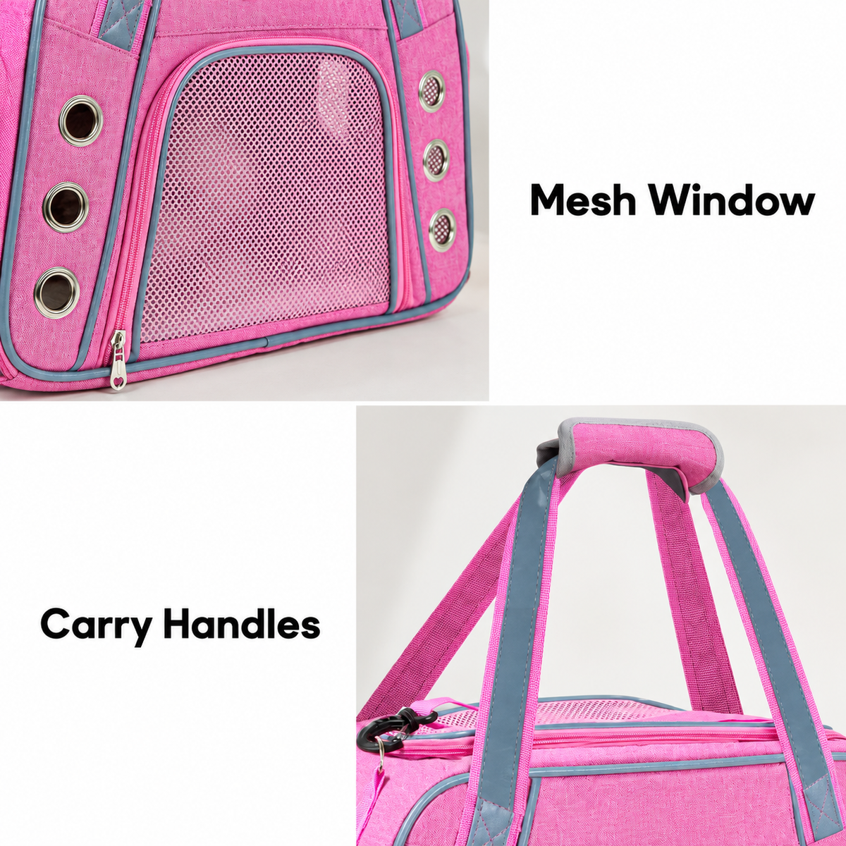 pink carrier with grey piping and round metal vents — product feature details