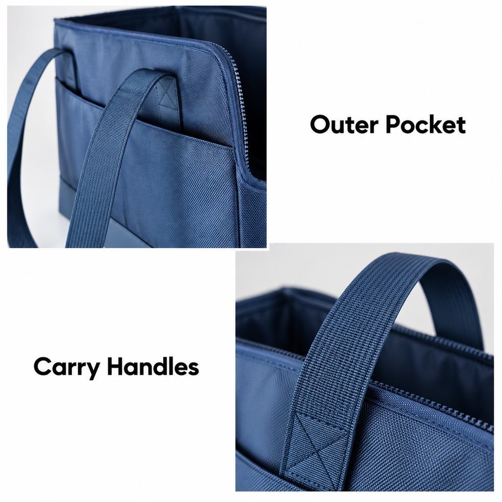 navy blue tote carrier — product feature details