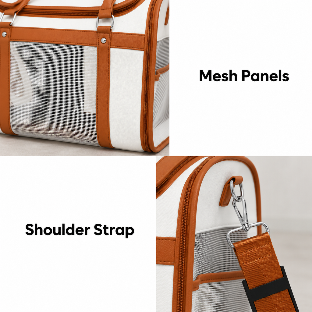 ivory white carrier with caramel trim — product feature details