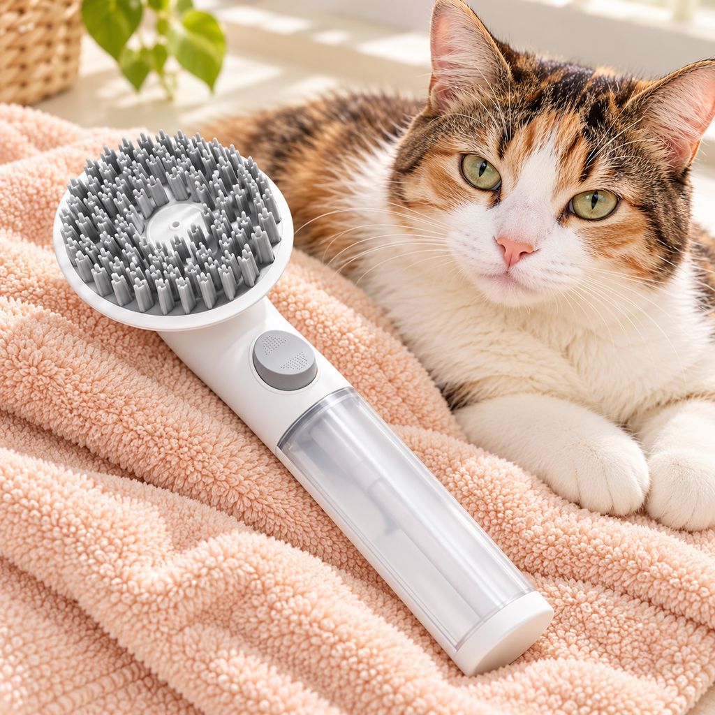 Stryfull Cat Bath Brush with Shampoo Dispenser – White & Grey – with cat