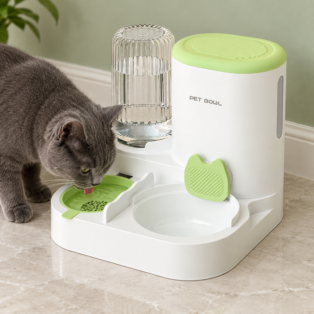 Gravity Cat Food & Water Station – Avocado Green in use by a cat