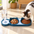 Triple Cat Feeding Station with Gravity Water Bottle – Dark Blue used by a cat