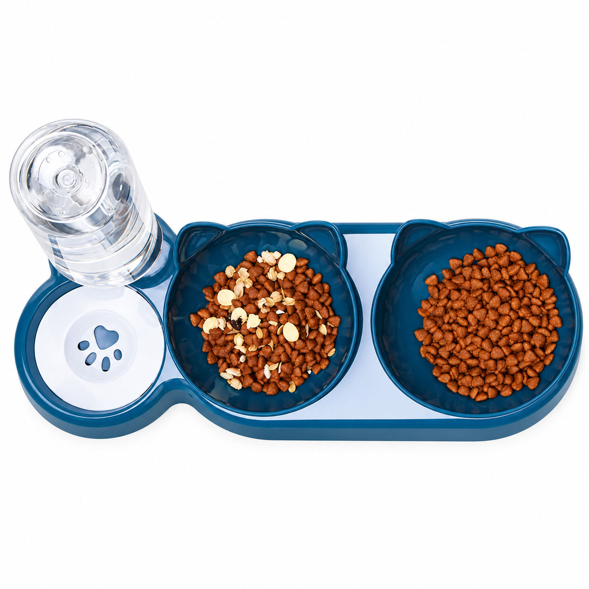 Triple Cat Feeding Station with Gravity Water Bottle – Dark Blue product view