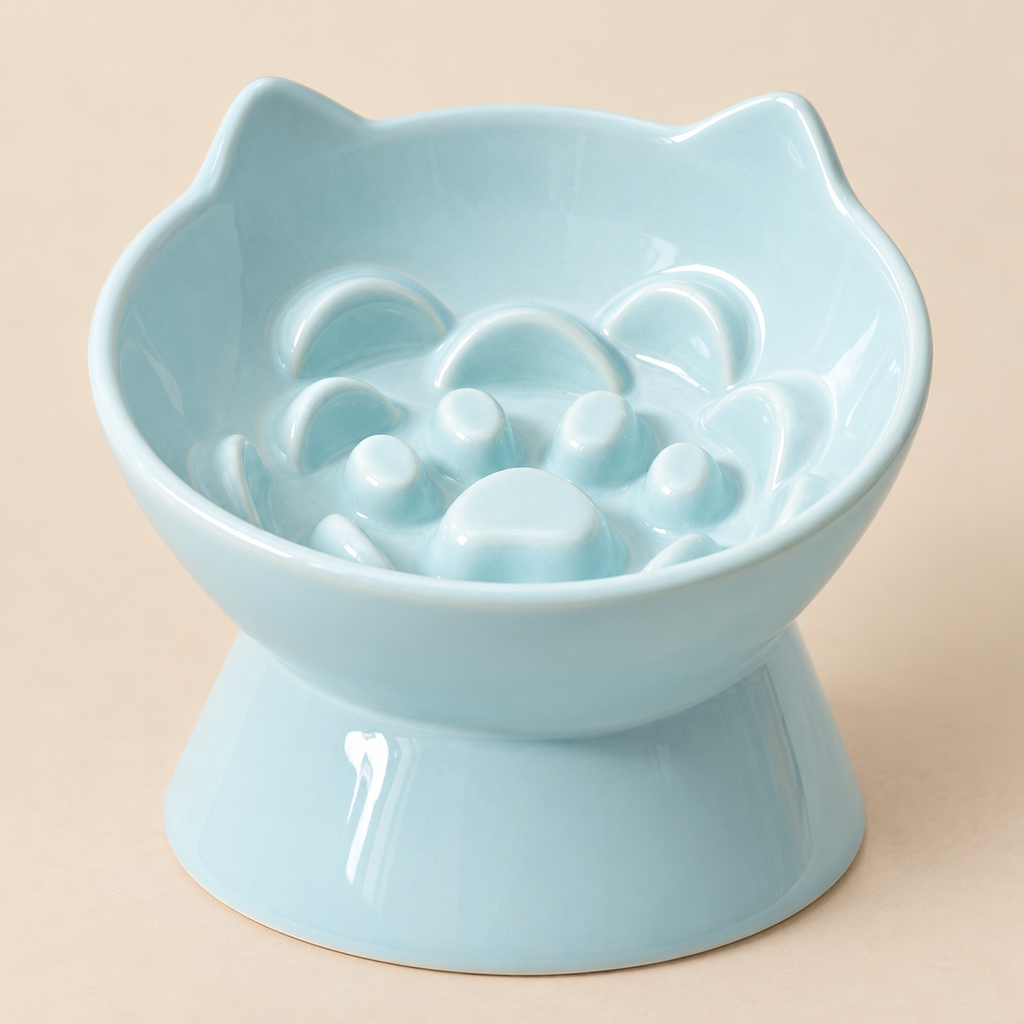 LE SERVETA Cat-Ear Ceramic Slow Feeder Bowl – Blue detail