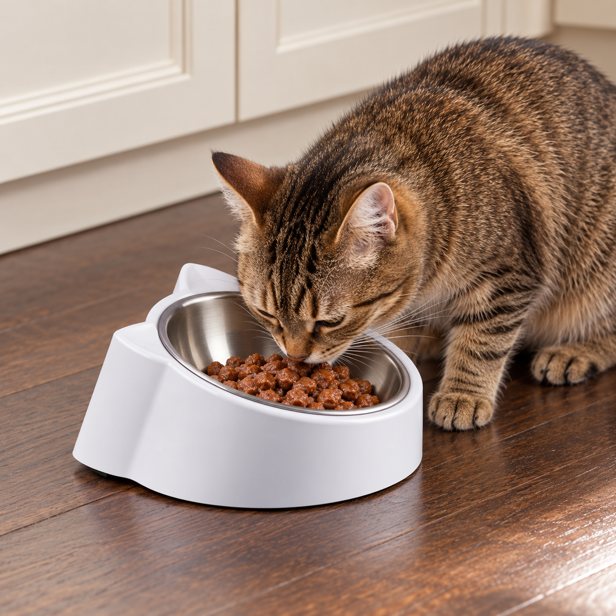 CATPRO Tilted Stainless Steel Cat Bowl – Grey used by a cat