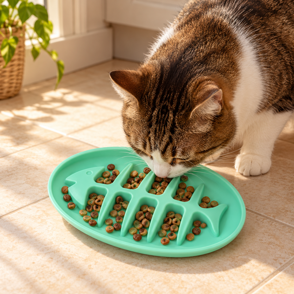 Doweiss Fishbone Silicone Slow Feeder Cat Bowl – Mint Green used by a cat