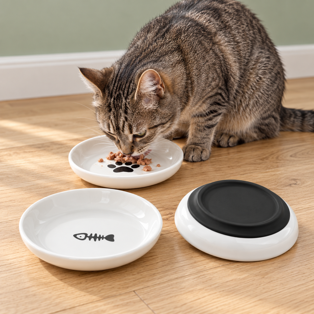 Paw & Fishbone Ceramic Cat Dishes – 3 Pieces used by a cat