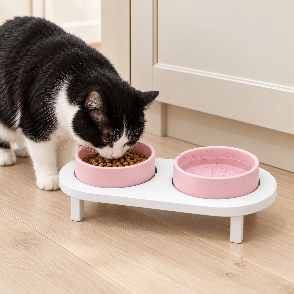 Navaris Raised Double Ceramic Cat Bowl Stand – White & Pink used by a cat