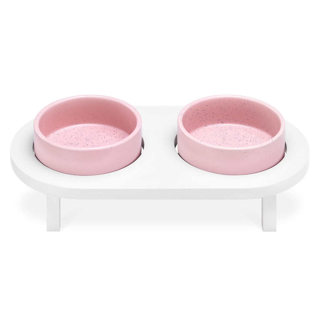Navaris Raised Double Ceramic Cat Bowl Stand – White & Pink product view
