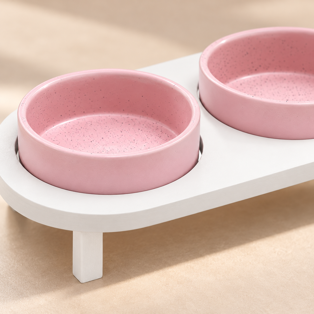 Navaris Raised Double Ceramic Cat Bowl Stand – White & Pink construction detail