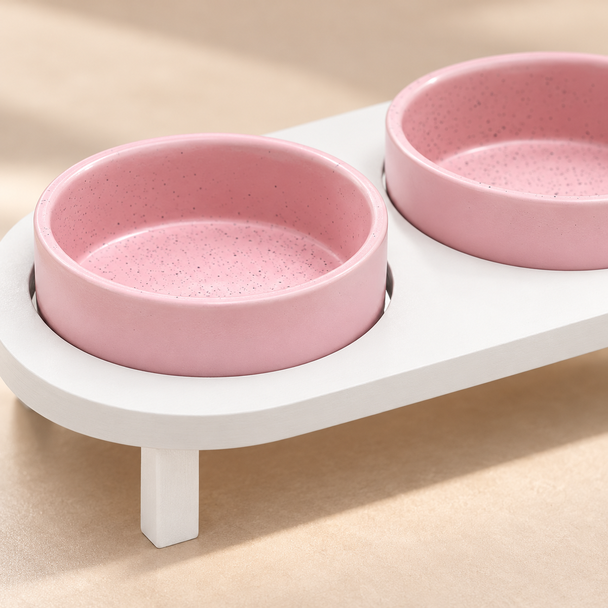 Navaris Raised Double Ceramic Cat Bowl Stand – White & Pink construction detail