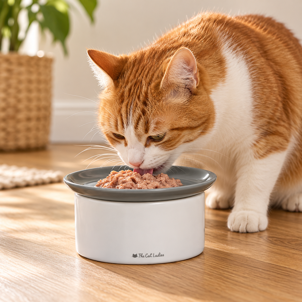 The Cat Ladies 2-in-1 Ceramic Raised Feeder – White & Grey used by a cat