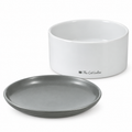 The Cat Ladies 2-in-1 Ceramic Raised Feeder – White & Grey two ceramic pieces on white