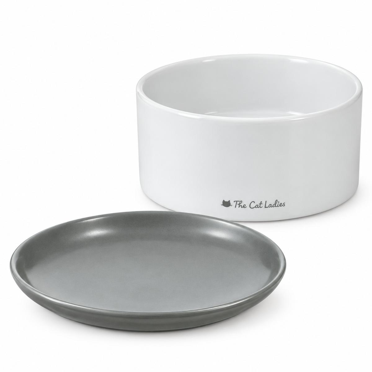The Cat Ladies 2-in-1 Ceramic Raised Feeder – White & Grey two ceramic pieces on white
