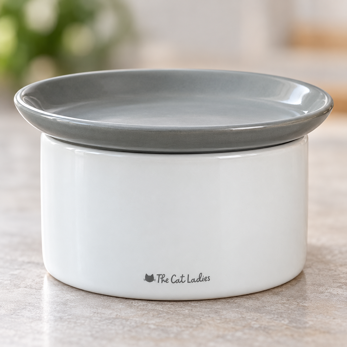 The Cat Ladies 2-in-1 Ceramic Raised Feeder – White & Grey plate and bowl construction detail