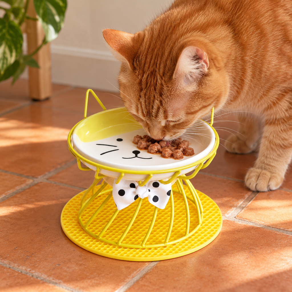 Cat-Face Ceramic Bowl with Raised Stand – Yellow used by a cat
