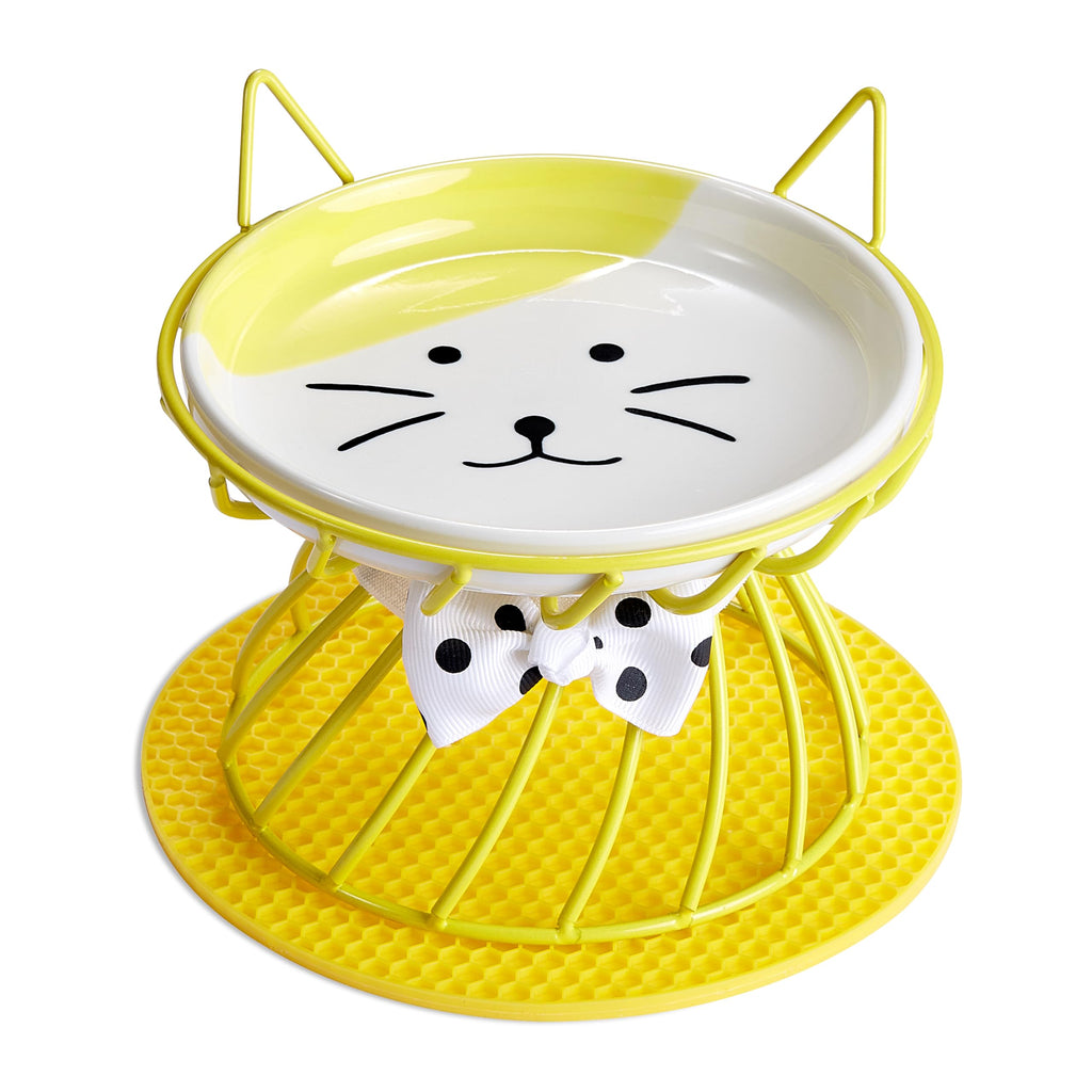 Cat-Face Ceramic Bowl with Raised Stand – Yellow product view