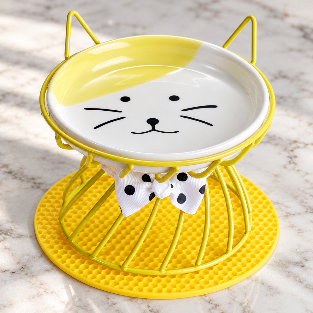 Cat-Face Ceramic Bowl with Raised Stand – Yellow material and construction detail