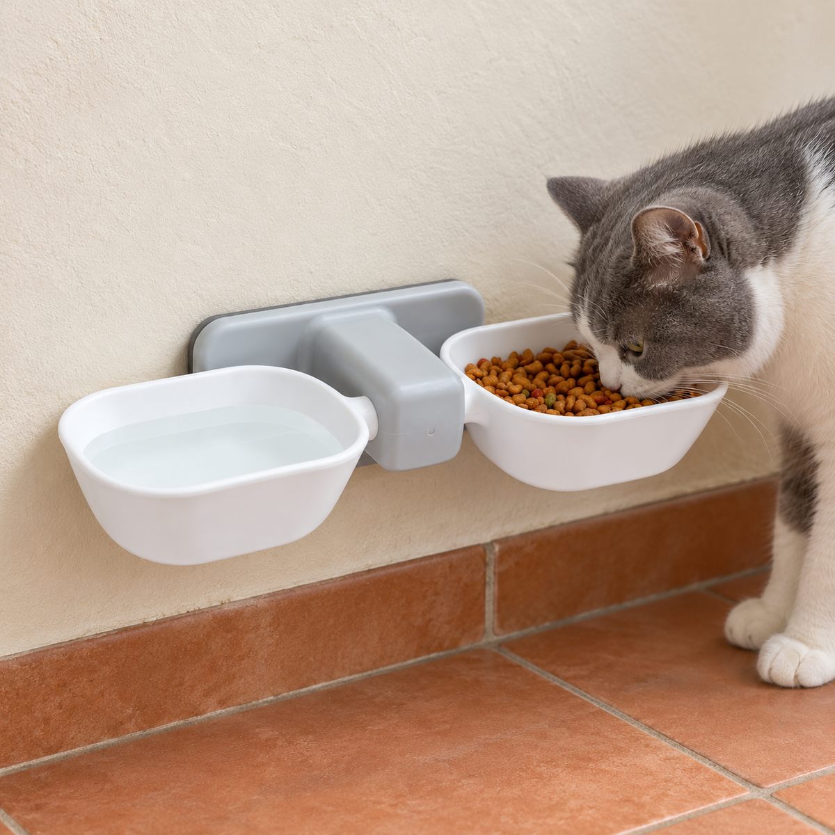 Wall-Mounted Double Cat Feeding Station – White & Grey used by a cat