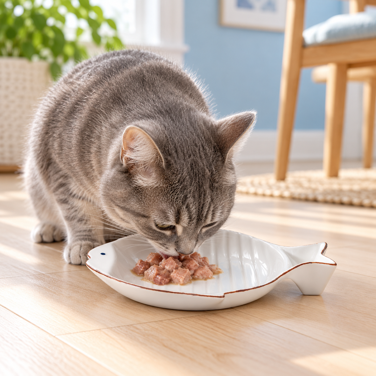 Fish-Shaped Ceramic Cat Dish – Brown Rim in use by a cat