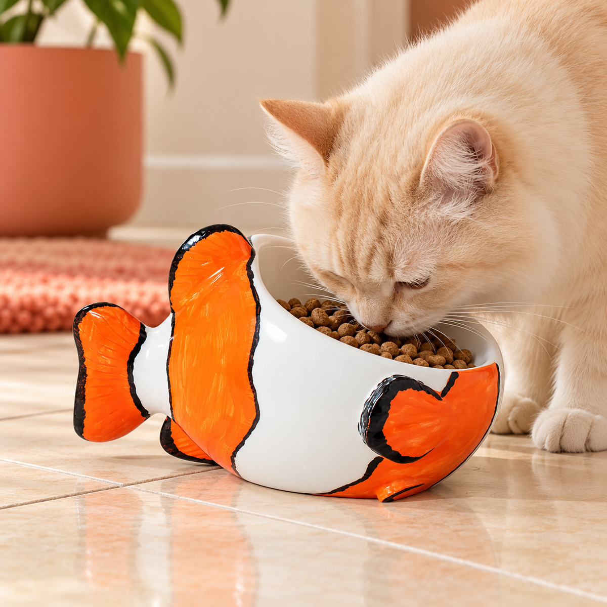 Clownfish Ceramic Cat Bowl – Orange & White in use by a cat