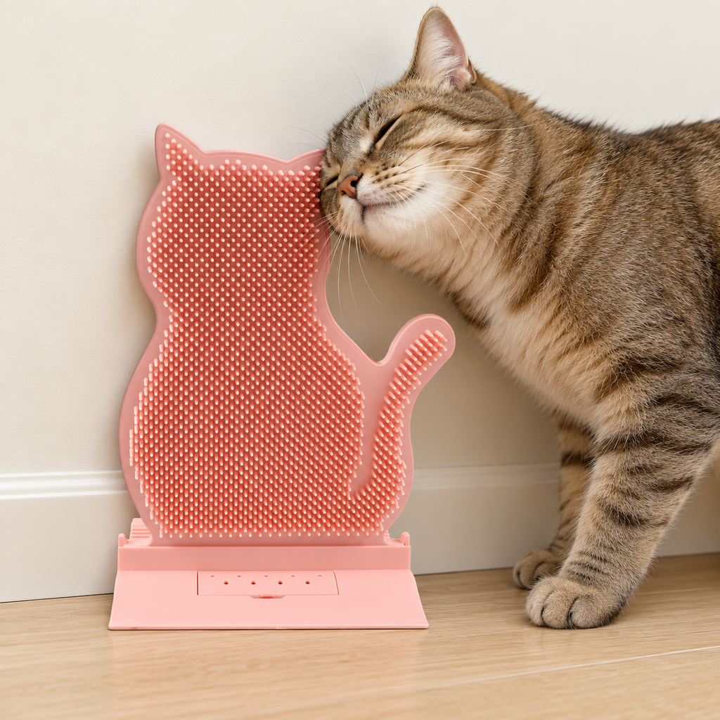 Cat Silhouette Self-Grooming Brush – Pink – with cat