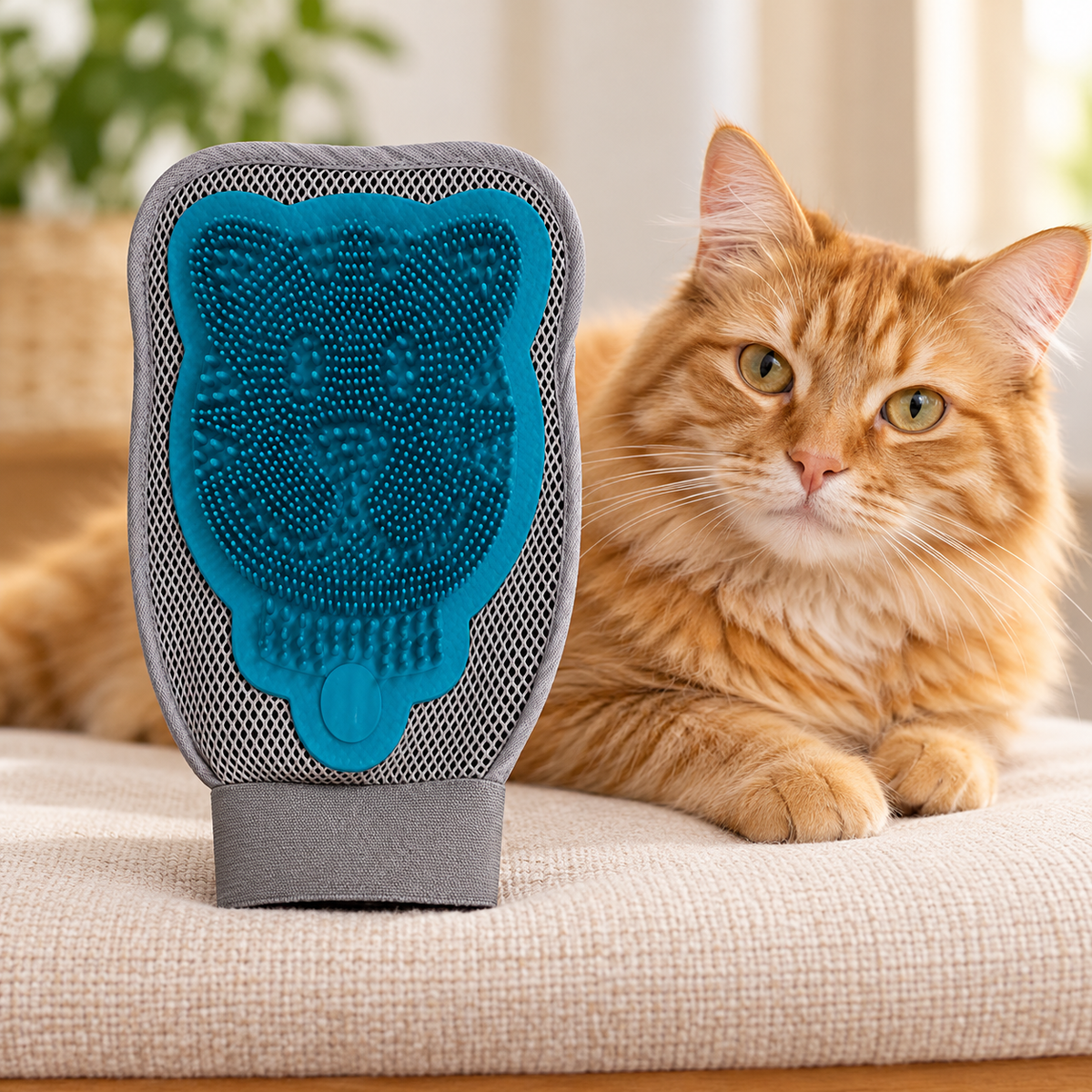 Petmate FurBuster 3-in-1 Cat Grooming Glove – Teal & Pearl – with cat