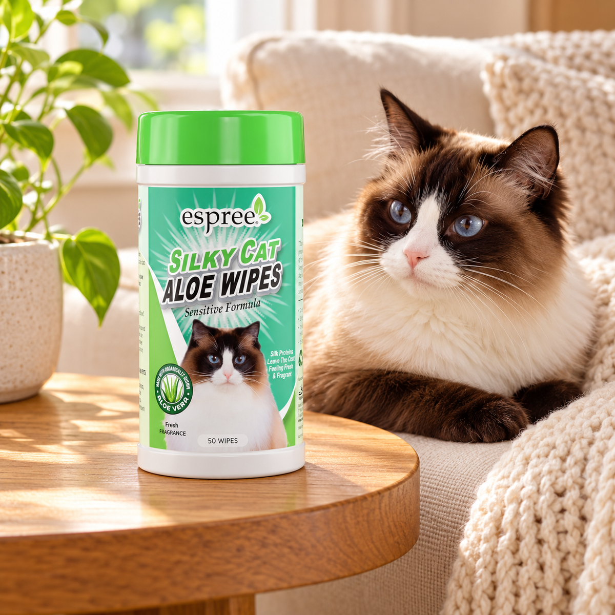 Espree Silky Cat Aloe Grooming Wipes – 50 Count – with cat