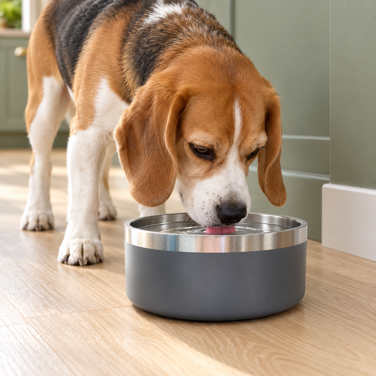 304 Stainless Steel Dog Bowl – Grey, 32 oz in use by a dog