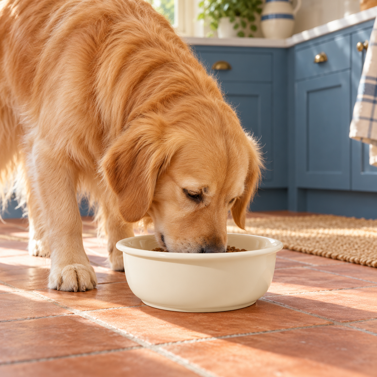 Havniva Ceramic Dog Bowl – Cream White, 8.25 in in use by a dog