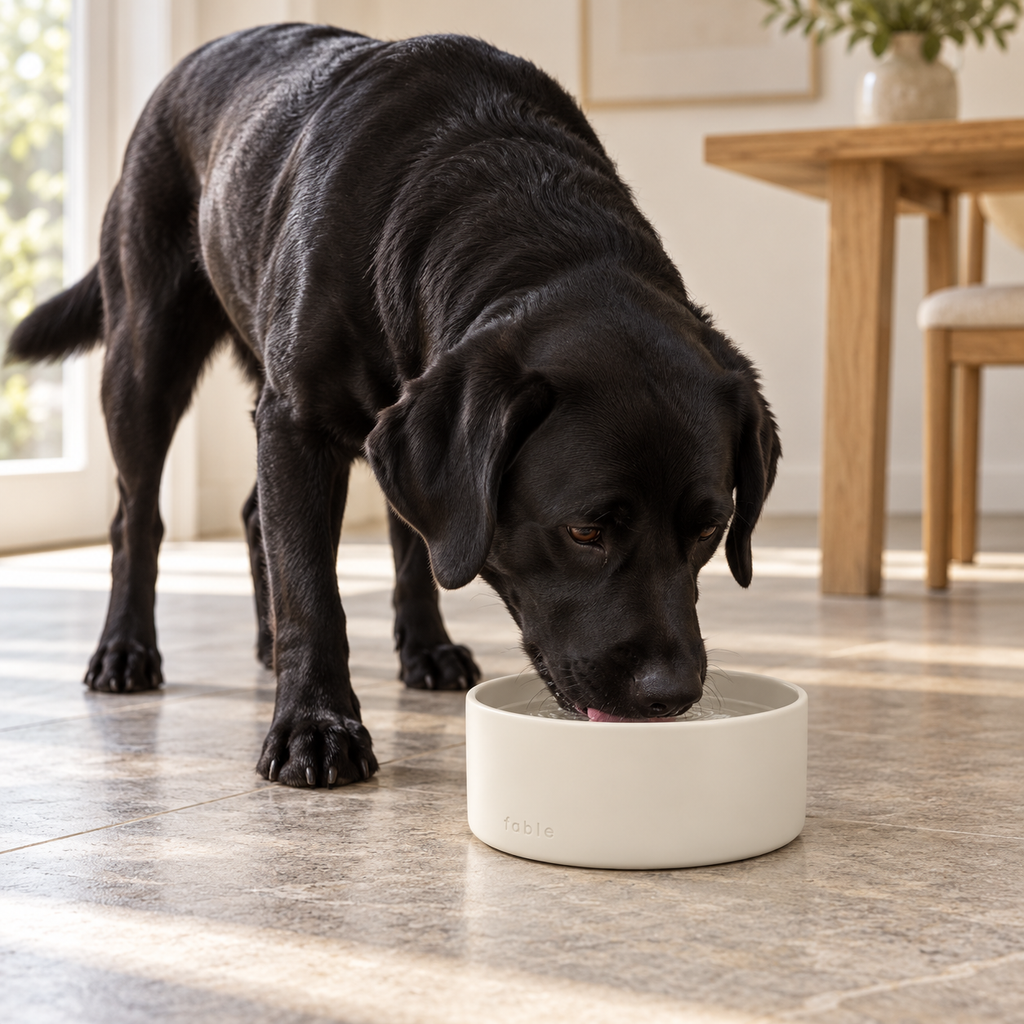 FABLE Weighted Ceramic Dog Bowl – Tofu in use by a dog