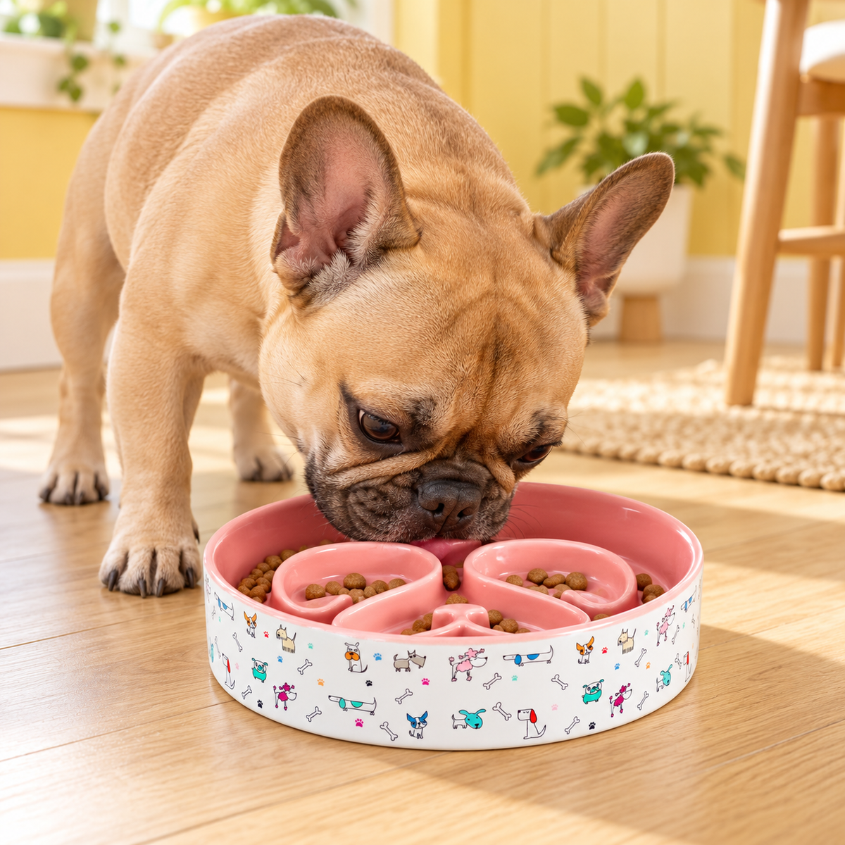 PawMeow Ceramic Maze Slow Feeder Dog Bowl – Pink, 8 in in use by a dog