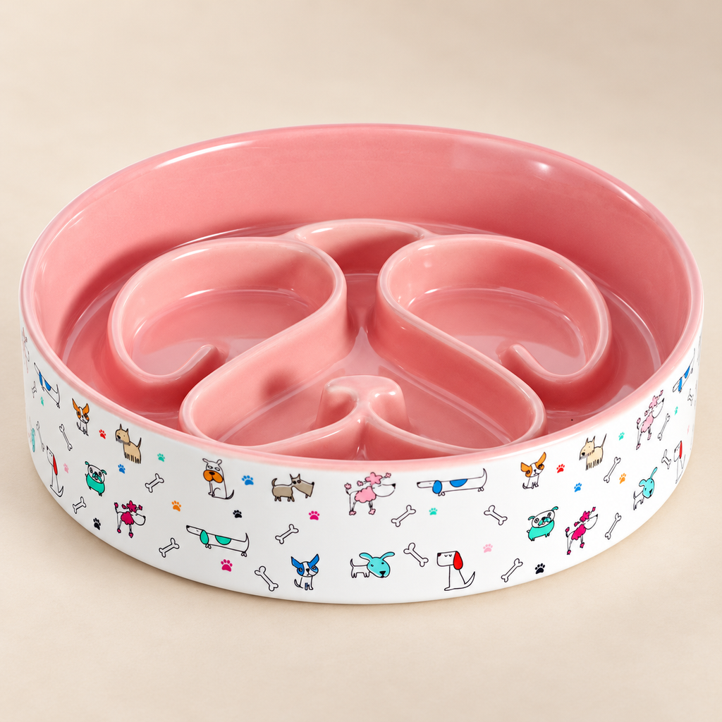 PawMeow Ceramic Maze Slow Feeder Dog Bowl – Pink, 8 in material and construction detail