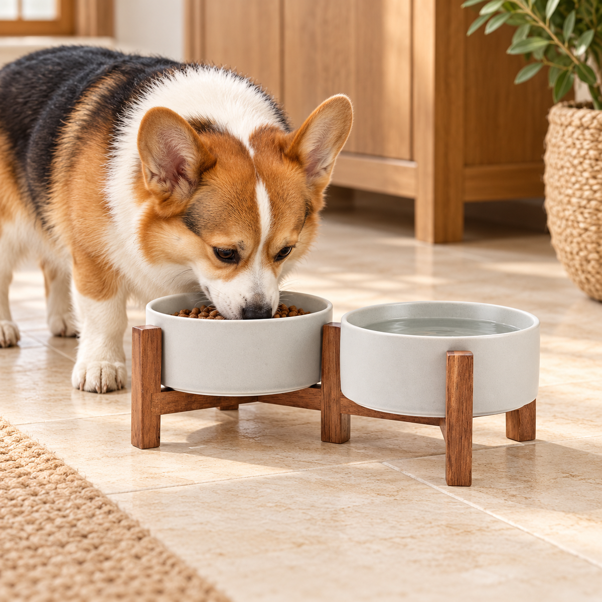 SPUNKYJUNKY Ceramic Dog Bowl Set with Acacia Stands – Grey, 13.52 oz in use by a dog