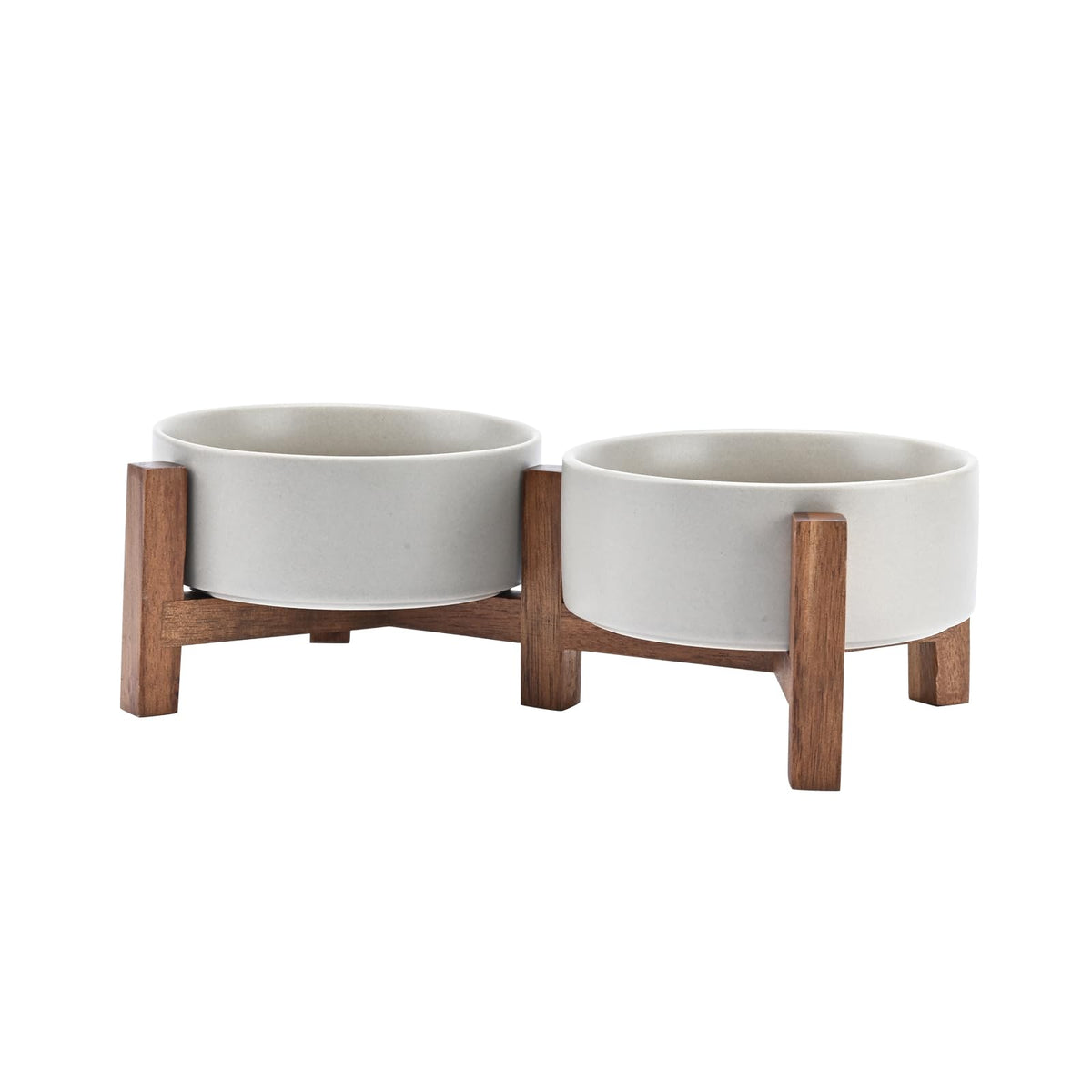 SPUNKYJUNKY Ceramic Dog Bowl Set with Acacia Stands – Grey, 13.52 oz product view