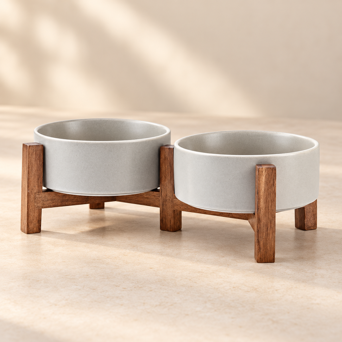SPUNKYJUNKY Ceramic Dog Bowl Set with Acacia Stands – Grey, 13.52 oz material and construction detail