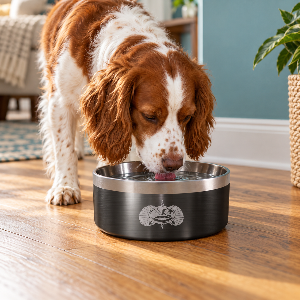 Toadfish SmartGrip Stainless Steel Dog Bowl – Graphite – dog using the bowl in a natural setting