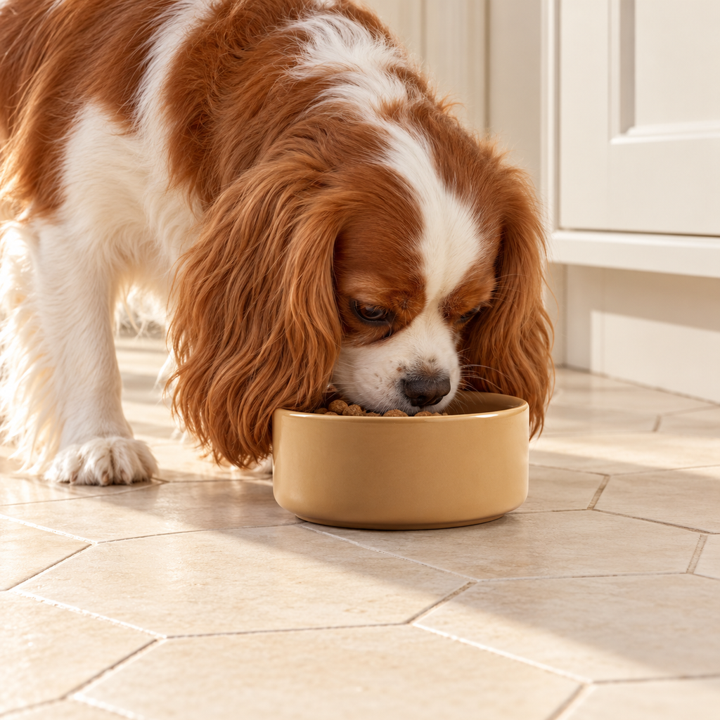 Mason Cash Cane Ceramic Dog Bowl – 15 cm – dog using the bowl in a natural setting