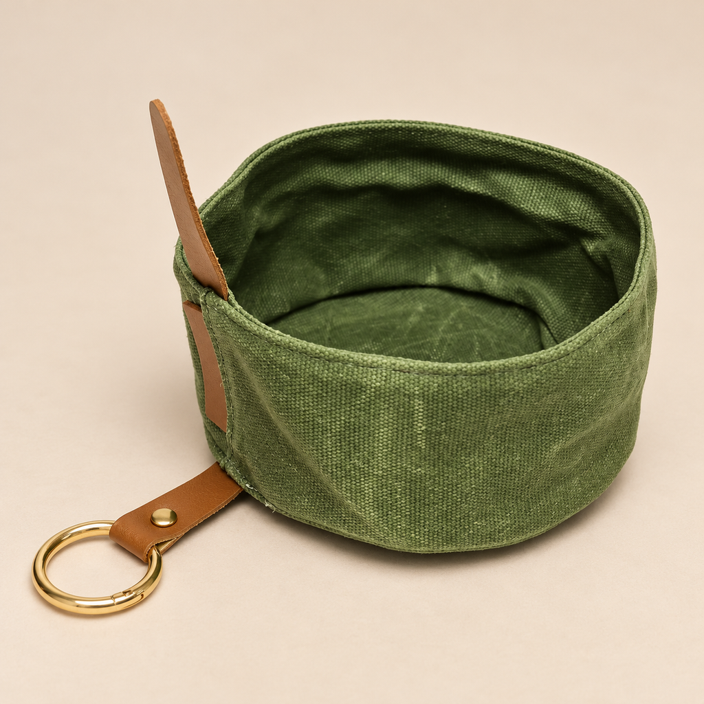 Waxed Canvas Foldable Dog Bowl – Green – material and construction detail