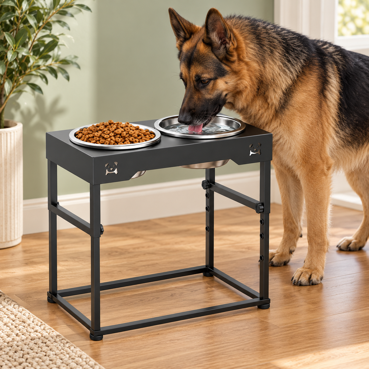 Height-Adjustable Double Dog Feeding Station – Black – dog using the bowl in a natural setting