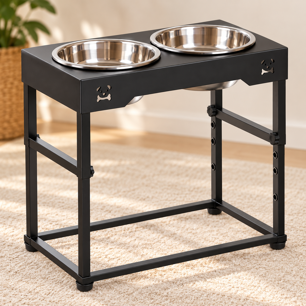 Height-Adjustable Double Dog Feeding Station – Black – material and construction detail