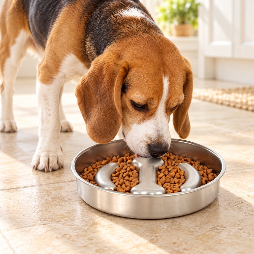 Stainless Steel Slow Feeder Dog Bowl – 22 cm – dog using the bowl in a natural setting