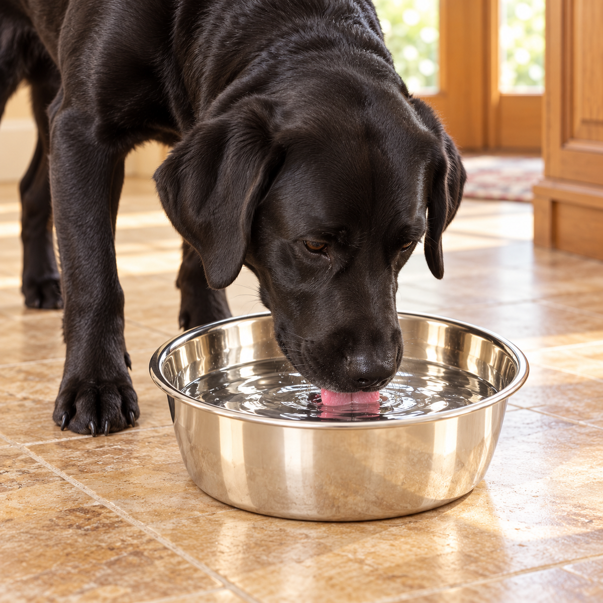 ProSelect Classic Stainless Steel Dog Bowl – 5 US qt – dog using the bowl in a natural setting