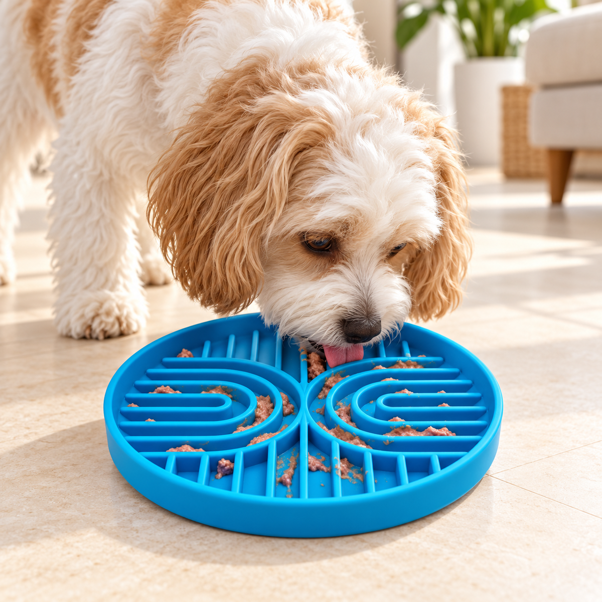 Safe Silo Silicone Channel Slow Feeder Dog Bowl – Blue – dog using the bowl in a natural setting