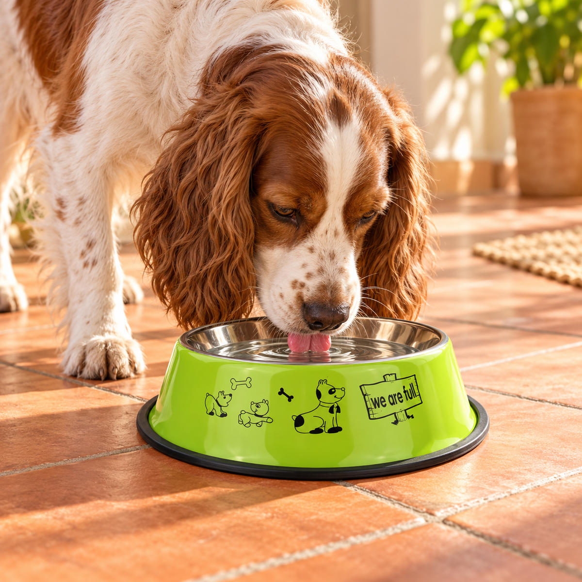Printed Stainless Steel Dog Bowl – Green, 26 cm – dog using the bowl in a natural setting