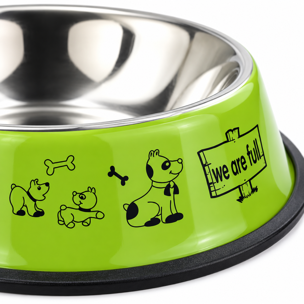 Printed Stainless Steel Dog Bowl – Green, 26 cm – material and construction detail
