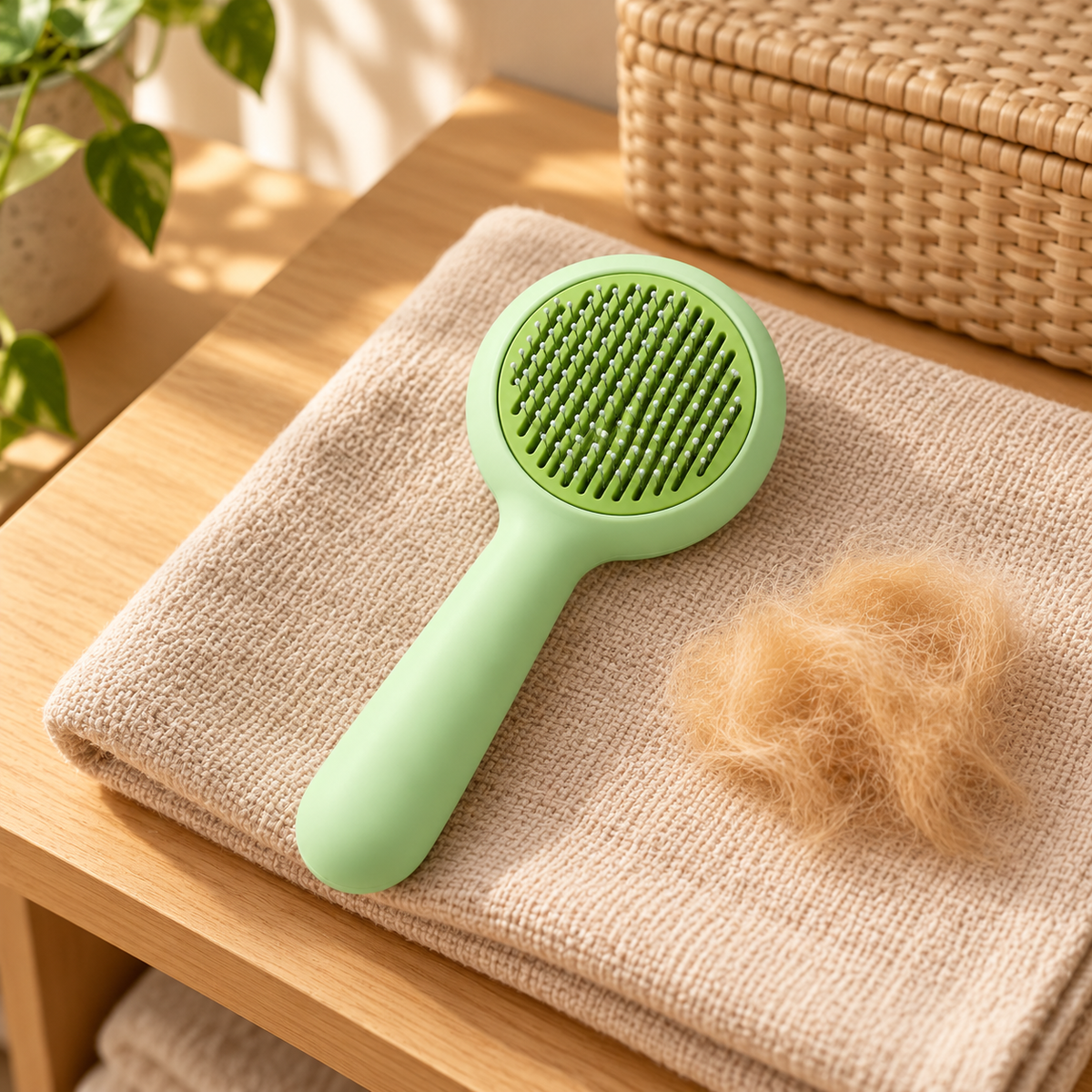 Round Pin Dog Grooming Brush – Green in a practical grooming setting without people