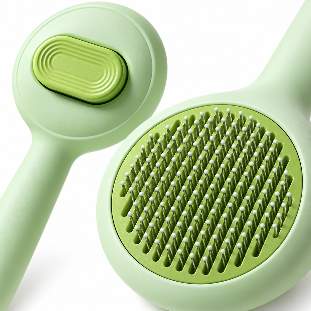 Round Pin Dog Grooming Brush – Green – front and back construction detail of the same brush