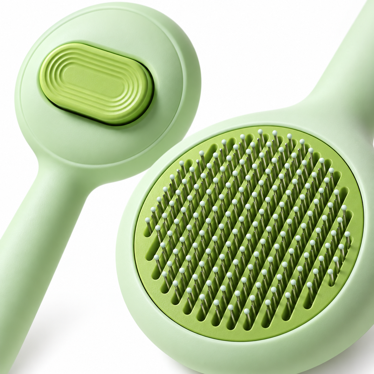Round Pin Dog Grooming Brush – Green – front and back construction detail of the same brush