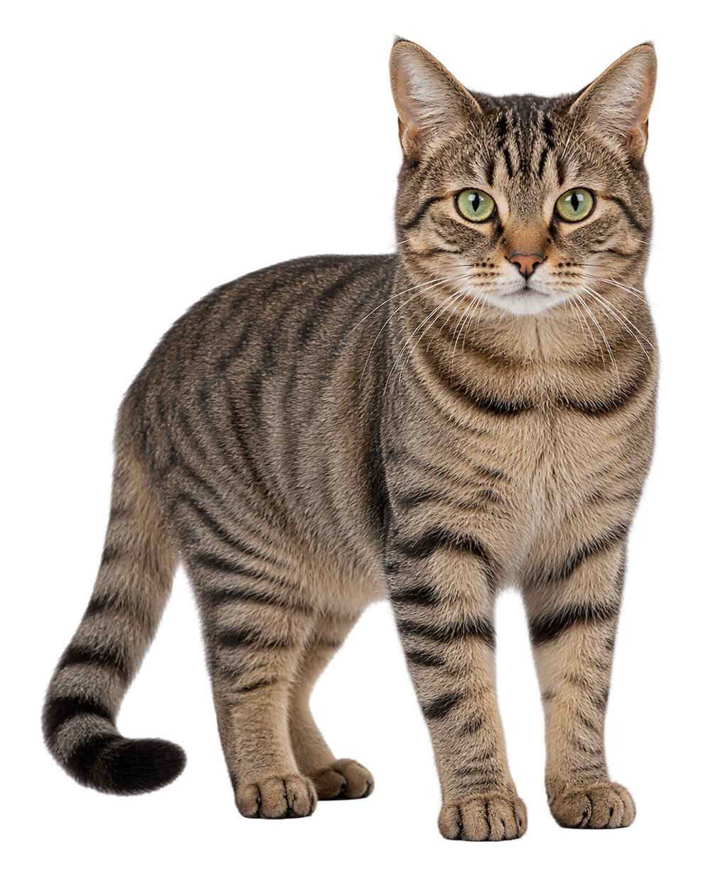 Tabby cat standing with its head turned toward the camera